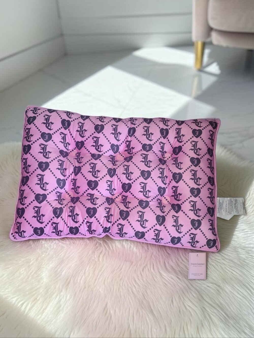 Juicy Couture Pink Velour Pet Bed with Monogram JC Logo and Heart Pattern